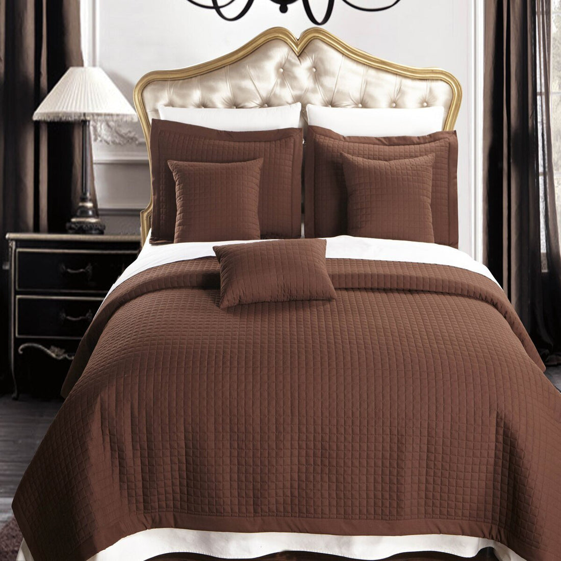 Luxury Checkered Quilted Wrinkle-Free 2-3 Piece Quilted Coverlet Set Chocolate