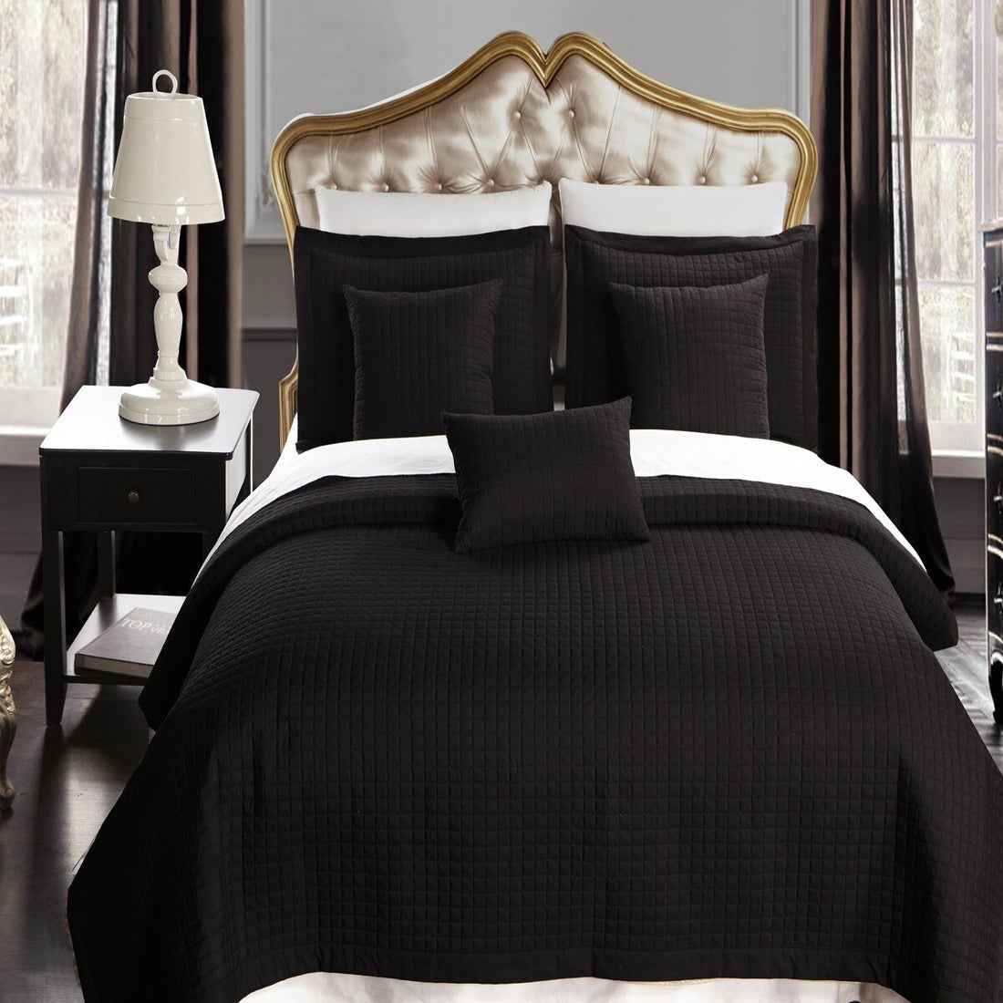 Luxury Checkered Quilted Wrinkle-Free 2-3 Piece Quilted Coverlet Set Black