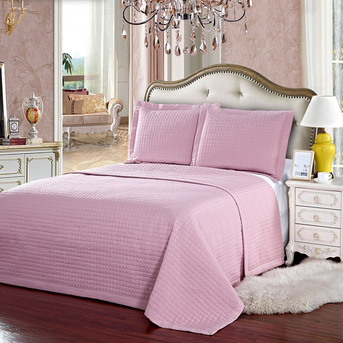 Luxury Checkered Quilted Wrinkle-Free 2-3 Piece Quilted Coverlet Set Pink