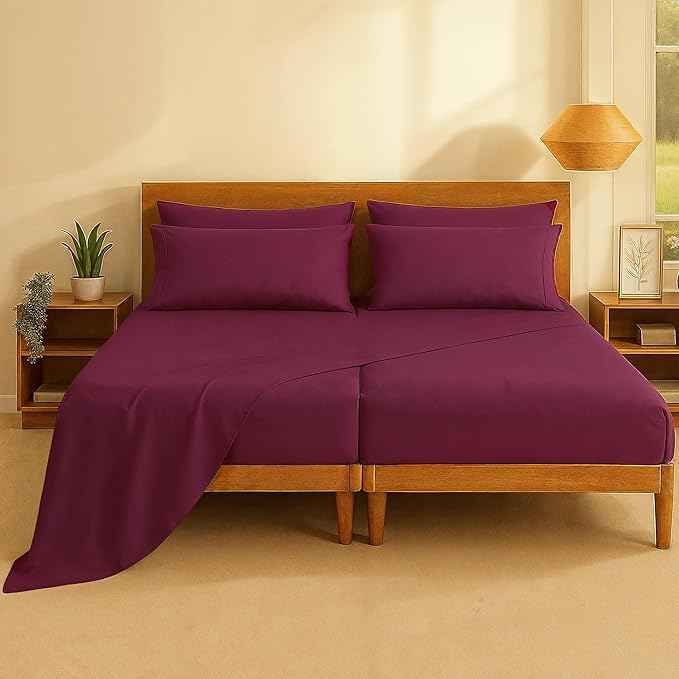Wine Solid Egyptian Cotton 1000TC Split King Sheet Set – 5 Piece Deep Pocket Bedding
