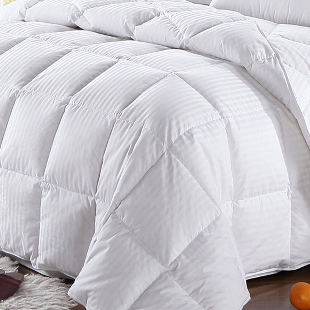 All Season Striped White Goose Down Comforter Oversize Medium Warmth