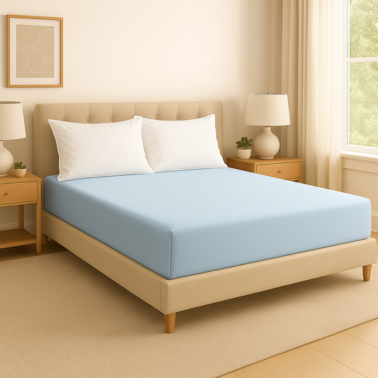 High-quality blue fitted bed sheet made from 1000TC Egyptian cotton, wrinkle-resistant and colorfast finish