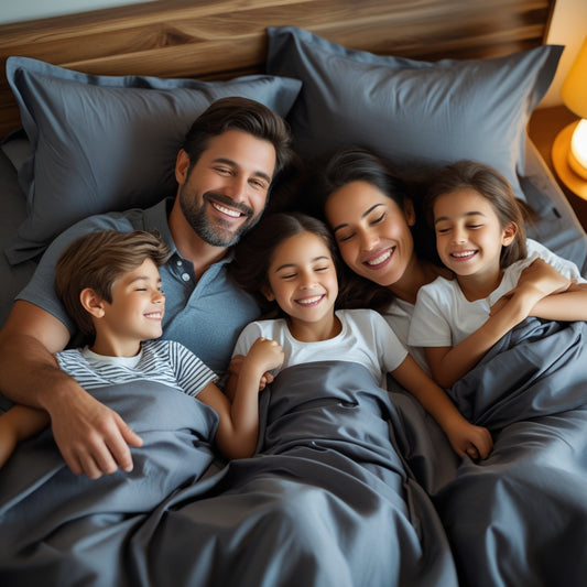 couple and kids enjoying happy moments in comfortable, cozy and breathable dark grey duvet cover set at- EgyptianHomeLinens.com