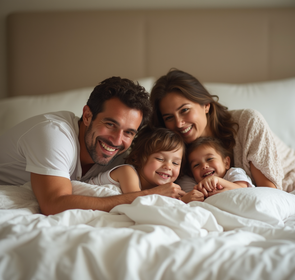 Happy family enjoying in the bed on the EgyptianHomeLinens.com Bedding Sheets