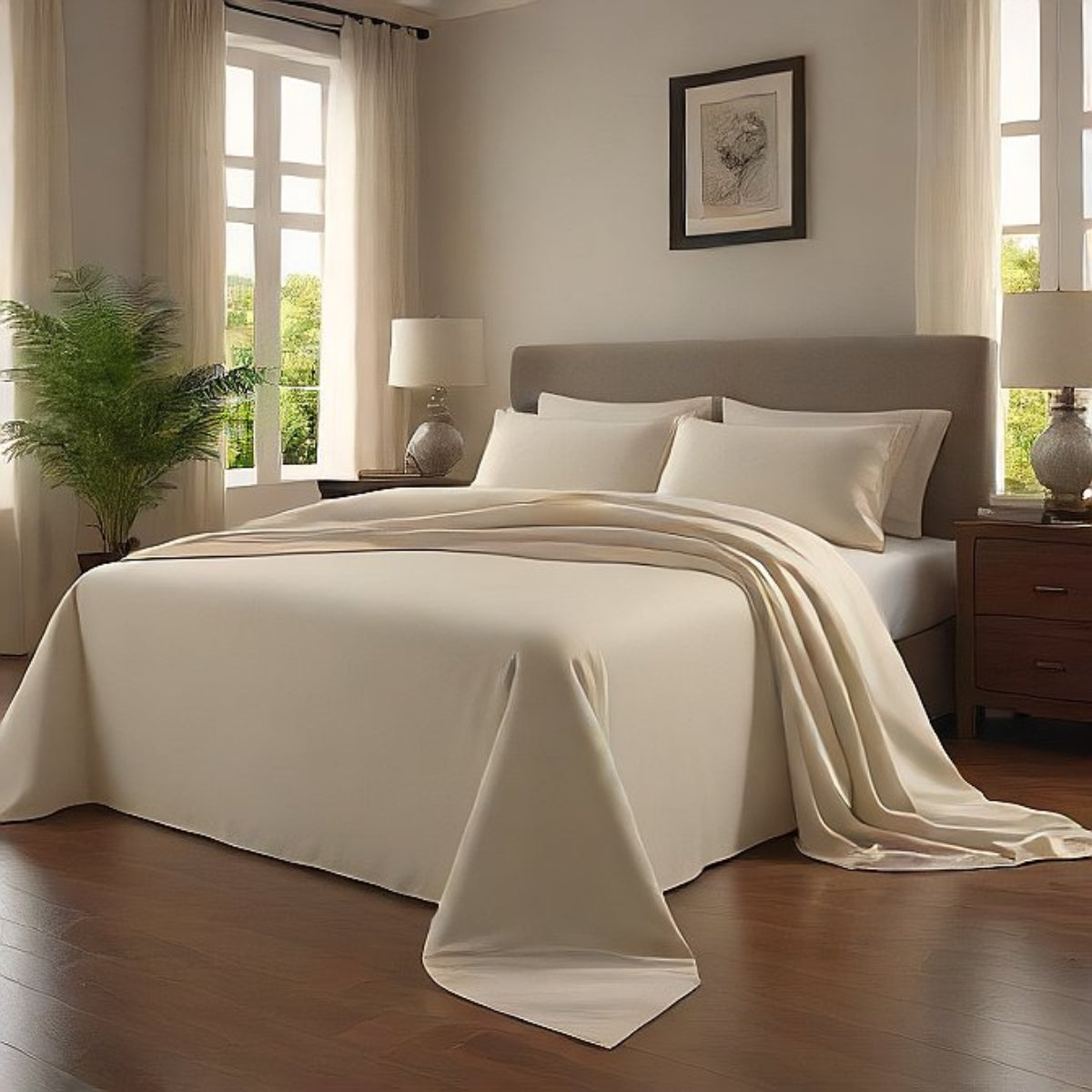 Neatly made bed with Ivory sheet set 4-piece in a well-lit bedroom Egyptian Home Linens
