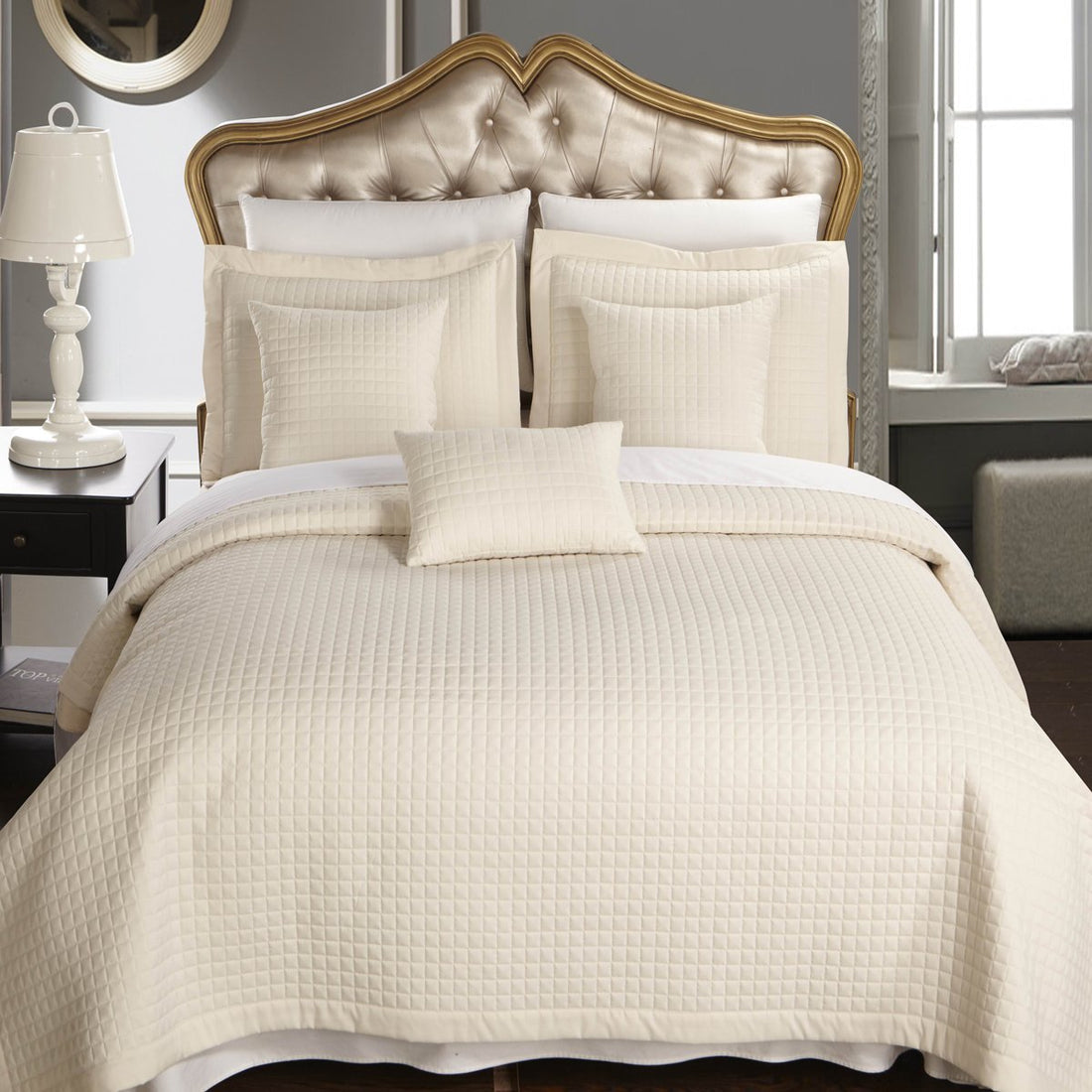 luxury checkered quilted wrinkle-free 4-6 piece quilted coverlet ivory