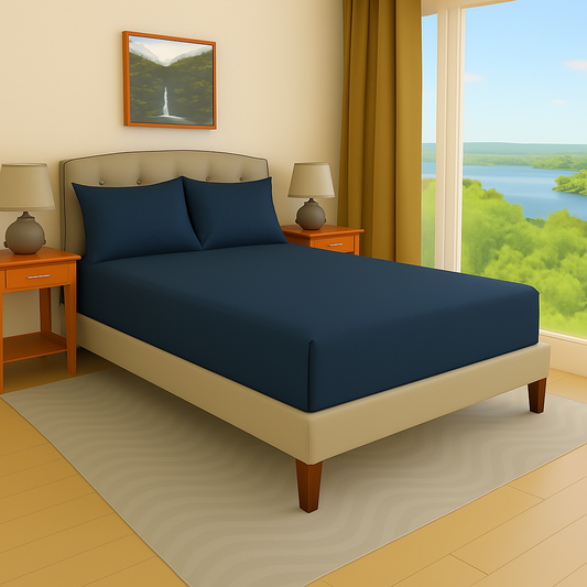 Luxury 1000TC navy blue fitted sheet made from 100% Egyptian cotton, soft, breathable, and wrinkle-resistant fabric