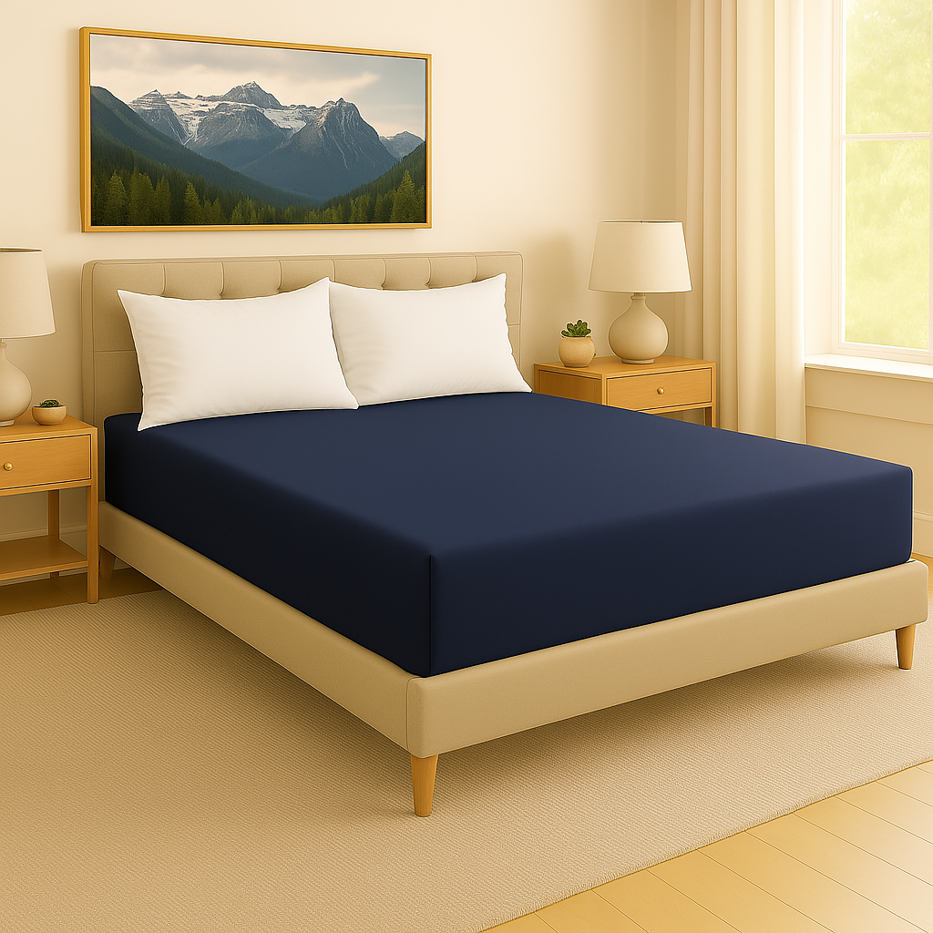 Deep blue fitted sheet made from 100% Egyptian cotton – soft, breathable, and luxurious bedding by Egyptian Home Linens