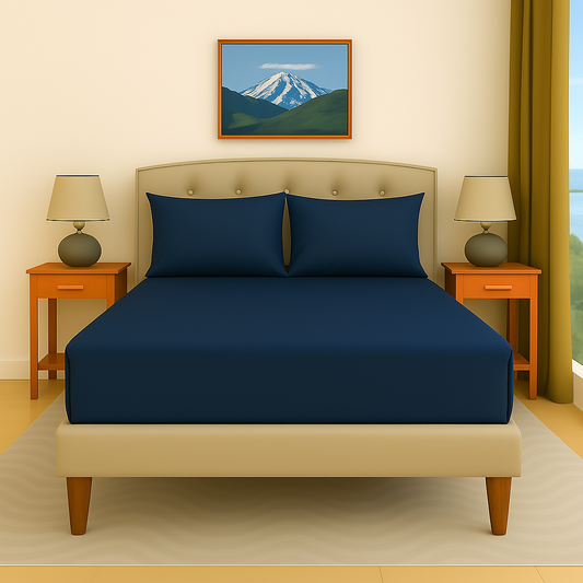 Premium deep pocket navy blue fitted bed sheet, high-quality Egyptian cotton with 1000 thread count for lasting comfort