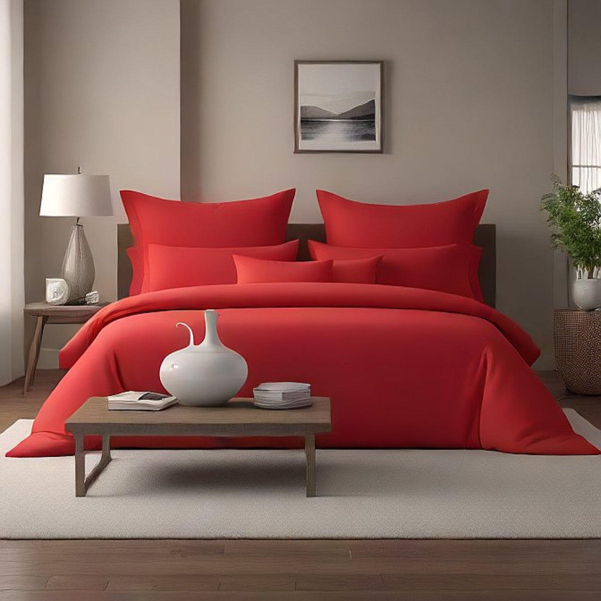 Red bedspread on a bed in a bedroom with a side table and lamp.