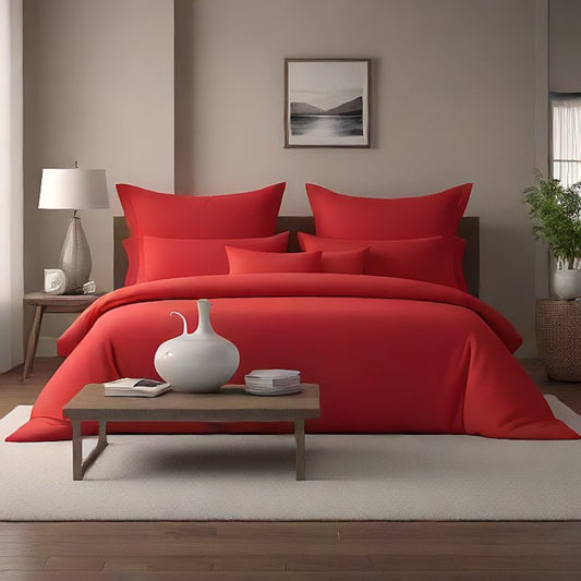 Red bedspread on a bed in a bedroom with a side table and lamp.