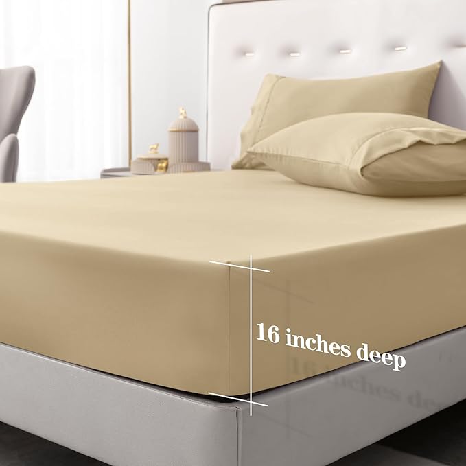 30 Inch Pocket Fitted Sheet Solid Sand Egyptian Cotton 1000TC for Ultimate Comfort