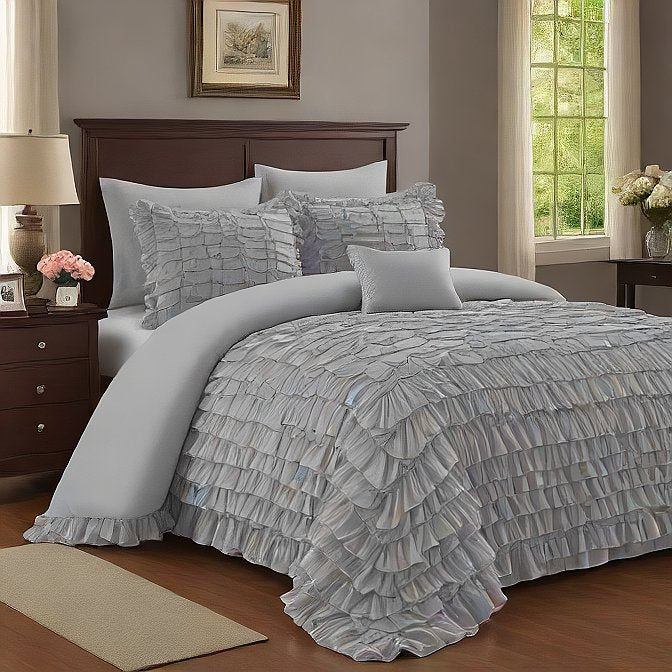 Silver Grey Ruffle Duvet Cover Set 3-Pieces Egyptian Cotton 1000TC