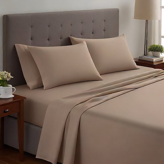 Taupe Egyptian cotton sheet set with a smooth 1000TC finish, wrinkle-resistant and perfect for modern bedroom décor
