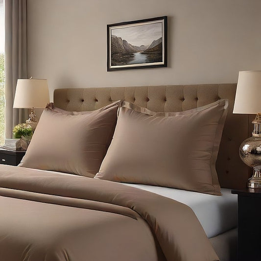 Premium taupe sheet set including fitted, flat, and pillowcases in soft, durable 1000 thread count Egyptian cotton