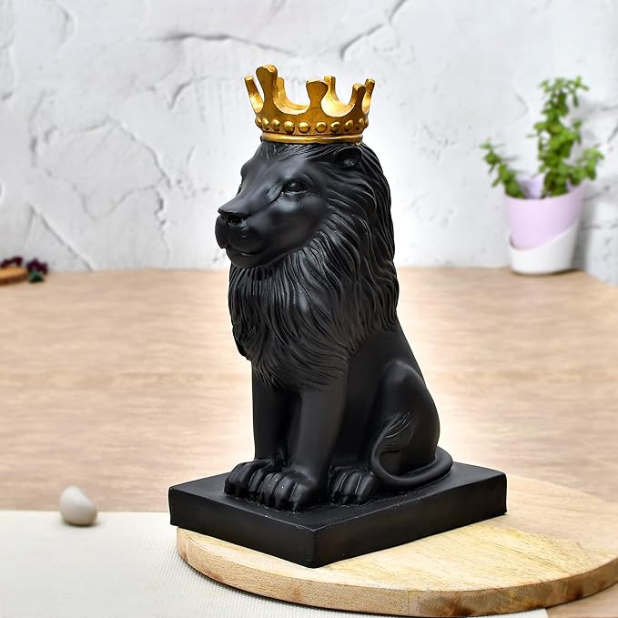 Regal Lion Statue with Crown Sculpture Showpiece Figurine Egyptian Home Linens