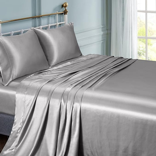 10 Inch Pocket Sheet Set 4Pc Mulberry Sateen Silk Silver Grey