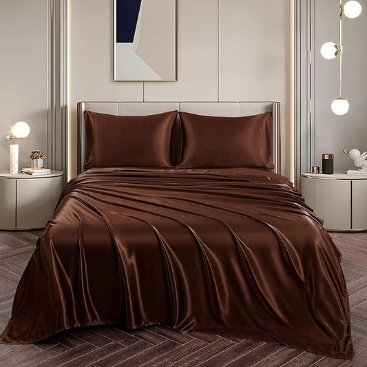14 Inch Pocket Sheet Set 4Pc Mulberry Sateen Silk Chocolate