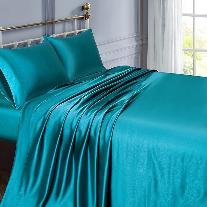 6 Inch Pocket Sheet Set 4Pc Mulberry Sateen Silk Turquoise