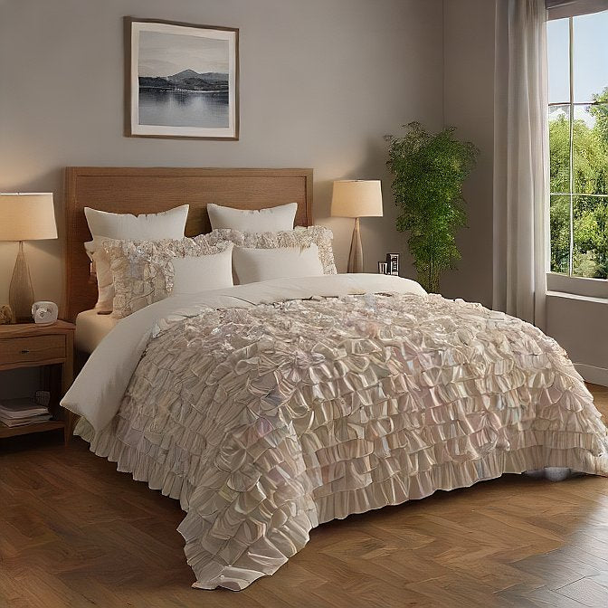 Ivory Waterfall Ruffle Duvet Cover Sets Egyptian Cotton 1000 Thread Counts