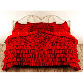 Twin-XL Red Ruffle Duvet Cover Set Egyptian Cotton 1000TC