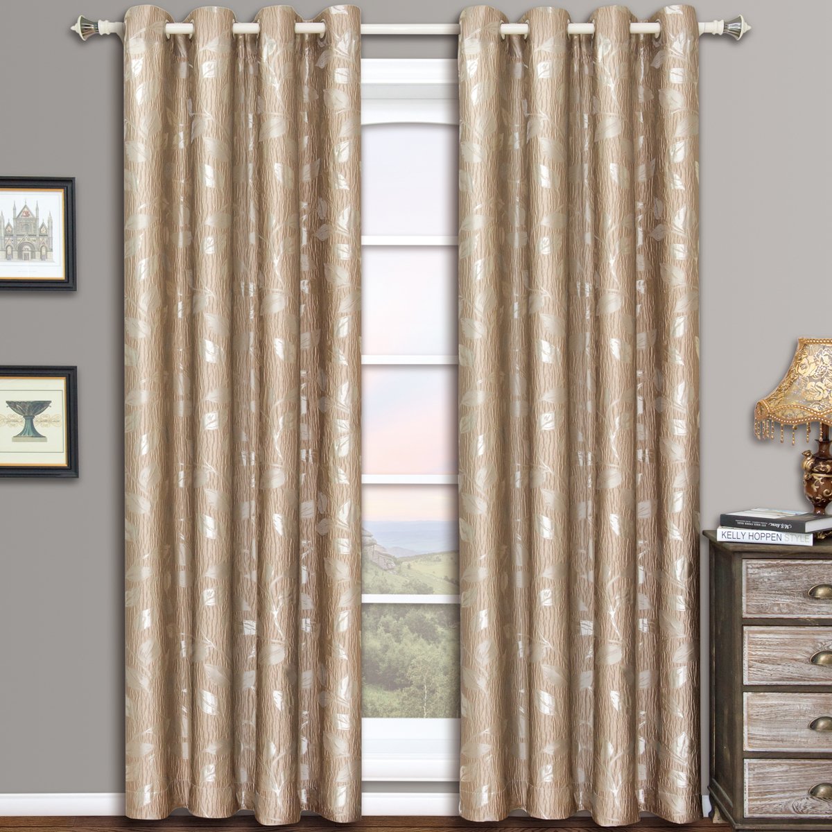 Pair Charlotte Leafy Jacquard Drapes Grommet Window Curtains (Set of 2 Panels)