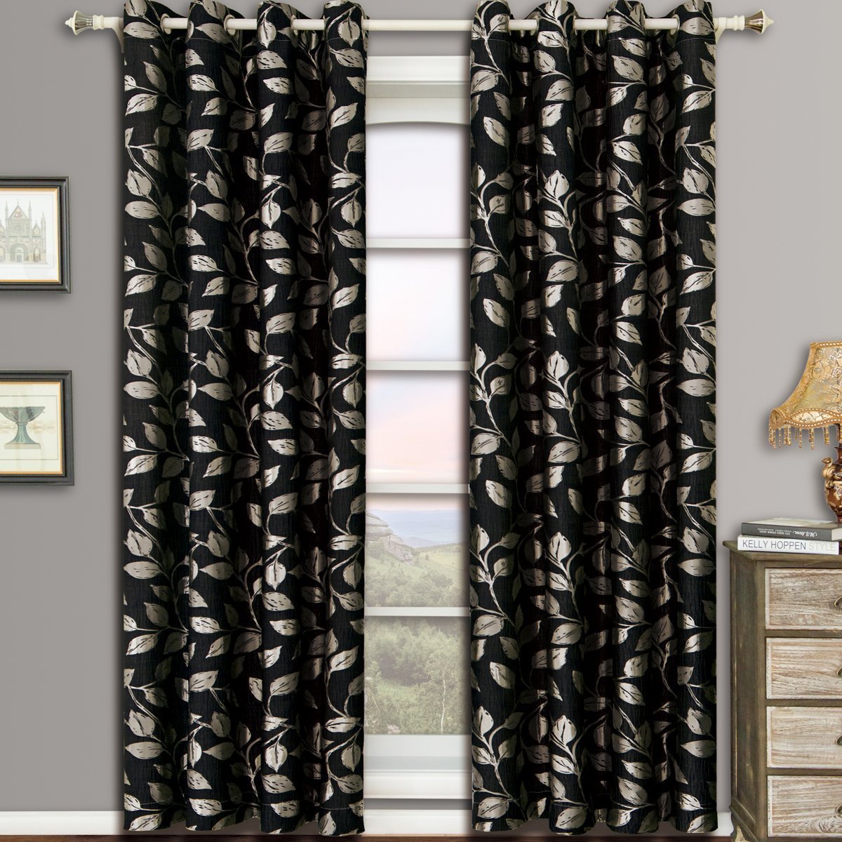 Pair Charlotte Leafy Jacquard Drapes Grommet Window Curtains (Set of 2 Panels)