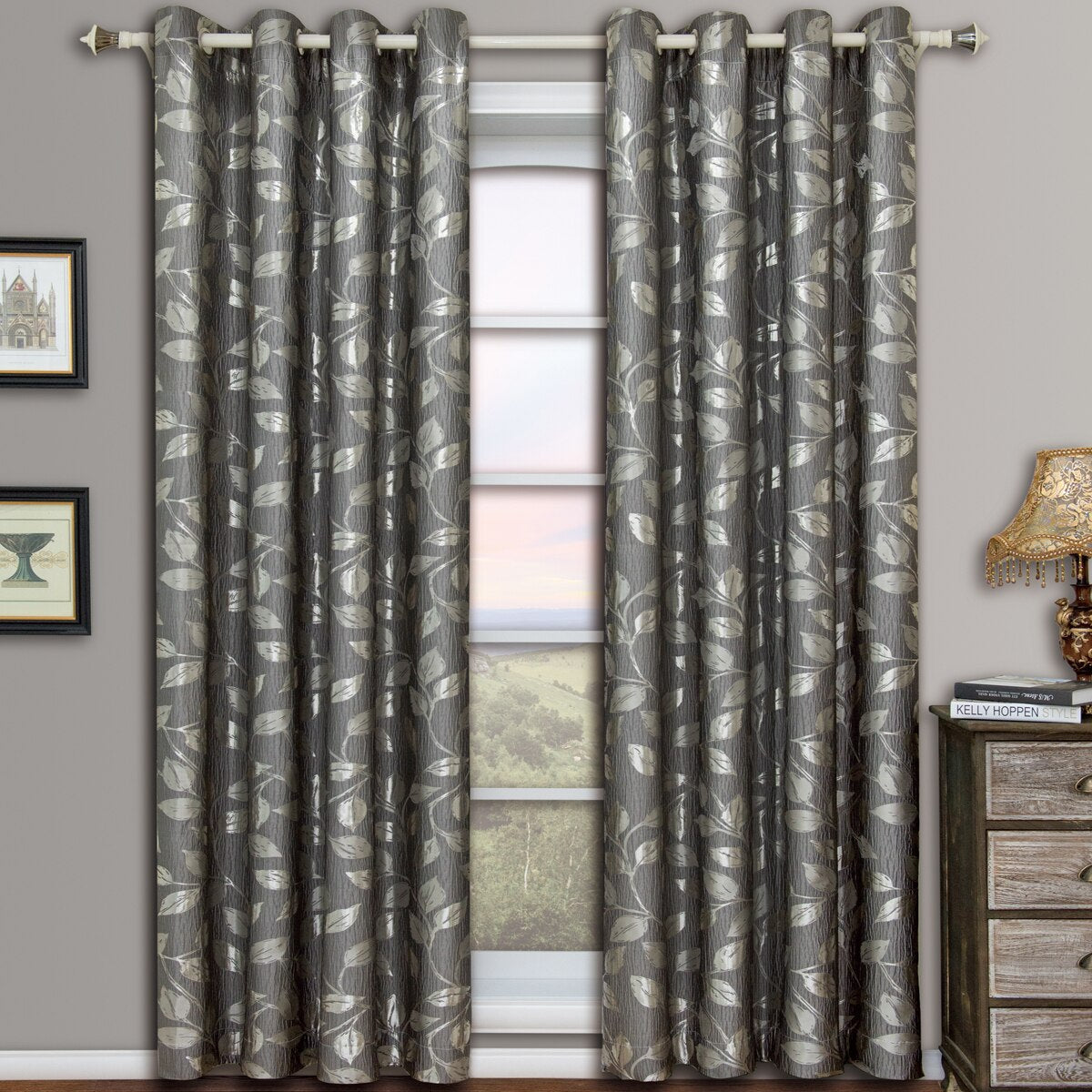 Pair Charlotte Leafy Jacquard Drapes Grommet Window Curtains (Set of 2 Panels)