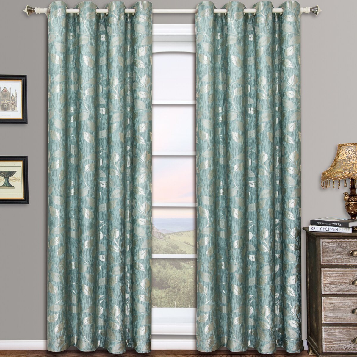 Pair Charlotte Leafy Jacquard Drapes Grommet Window Curtains (Set of 2 Panels)