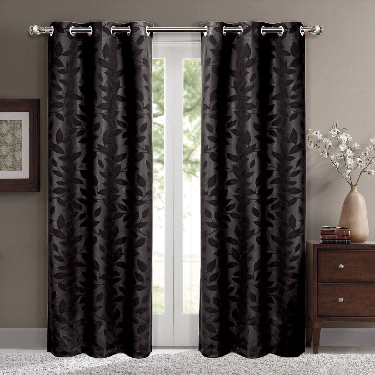 Virginia Leafy Design Blackout Weave Grommet Curtain Panels (Set of 2)