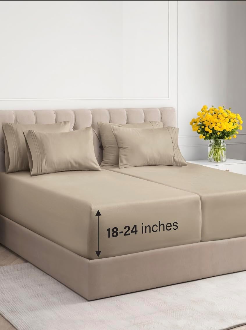 Beige Solid Egyptian Cotton 1000TC Split King Sheet Set – 5 Piece Deep Pocket Bedding
