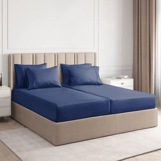 Navy Blue Solid Egyptian Cotton 1000TC Split King Sheet Set – 5 Piece Deep Pocket Bedding