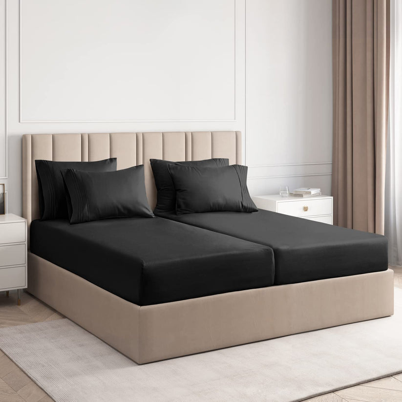 1000TC Egyptian Cotton Split King Sheet Set – Black Solid, 5 Piece