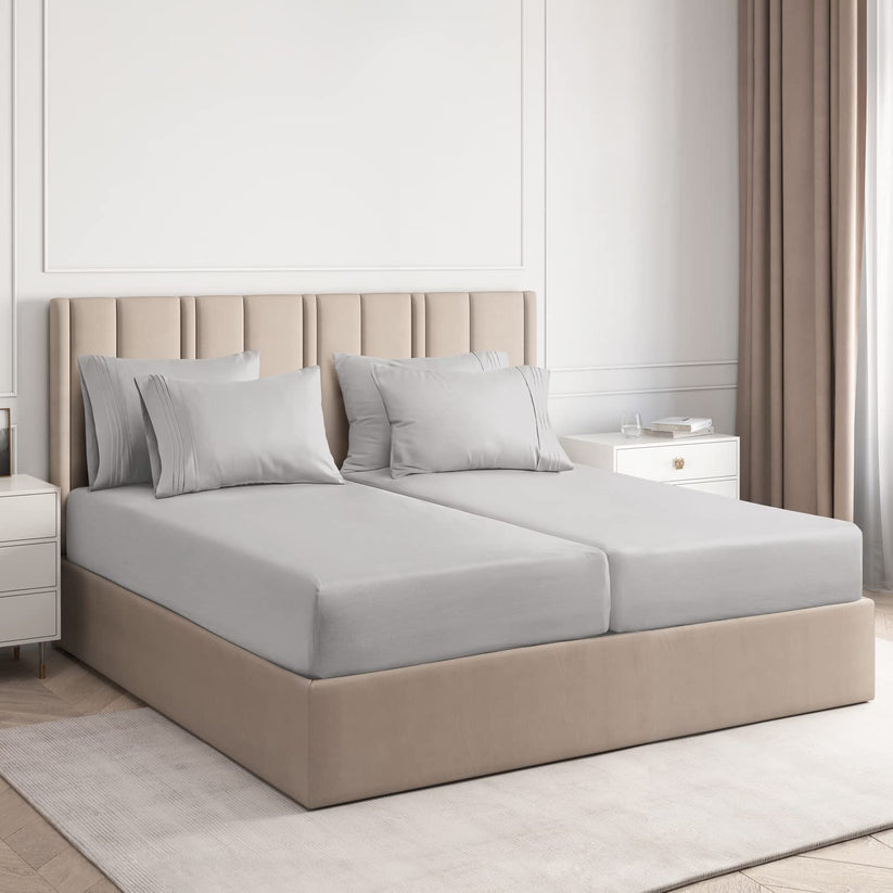Silver Grey Solid Egyptian Cotton 1000TC Split King Sheet Set – 5 Piece Deep Pocket Bedding