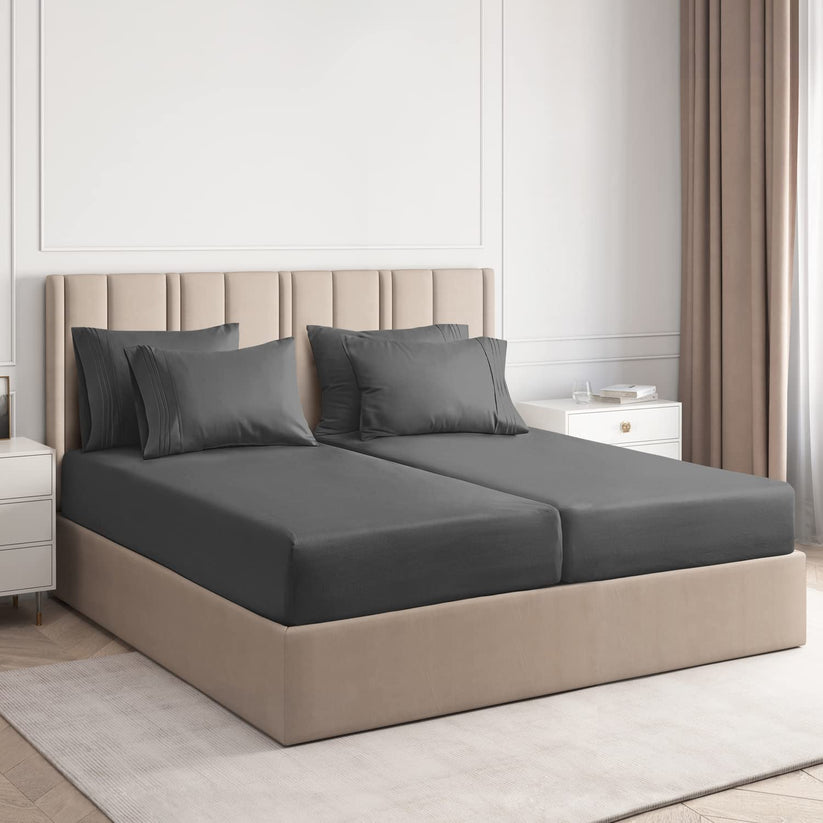 Dark Grey Egyptian Cotton 1000TC Split King Sheet Set – 5 Piece Deep Pocket Bedding