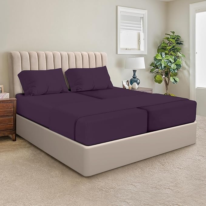 Plum Solid Egyptian Cotton 1000TC Split King Sheet Set – 5 Piece Deep Pocket Bedding