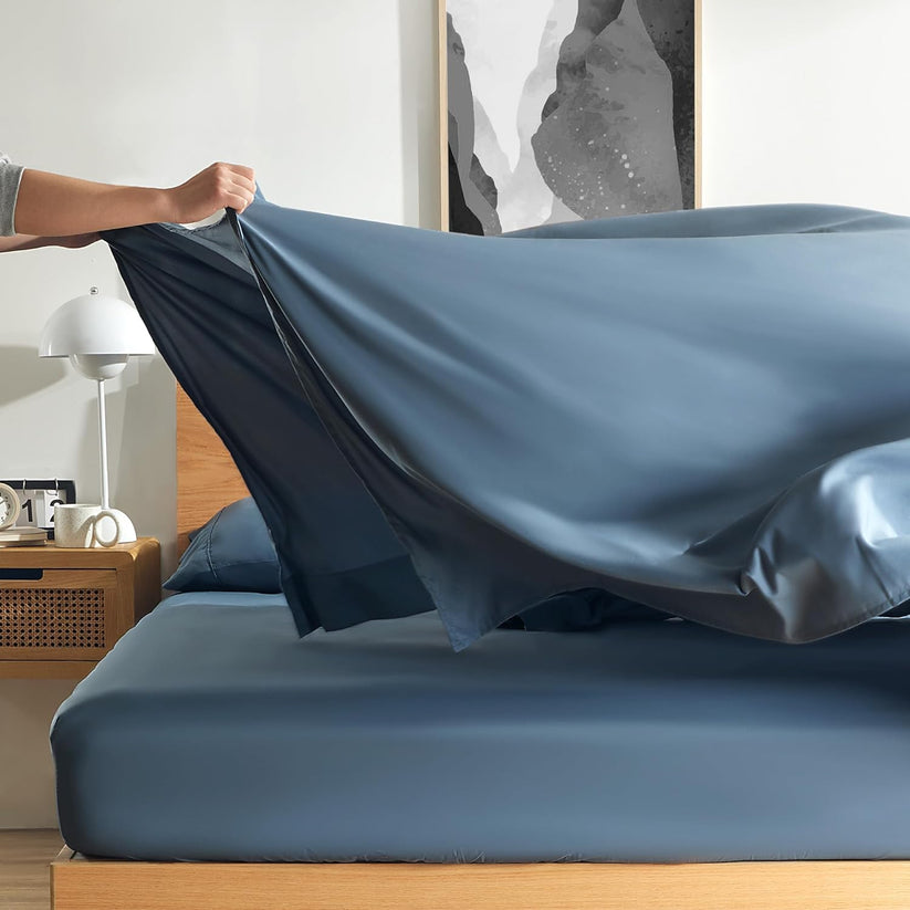 Medium Blue Solid Egyptian Cotton 1000TC Split King Sheet Set – 5 Piece Deep Pocket Bedding