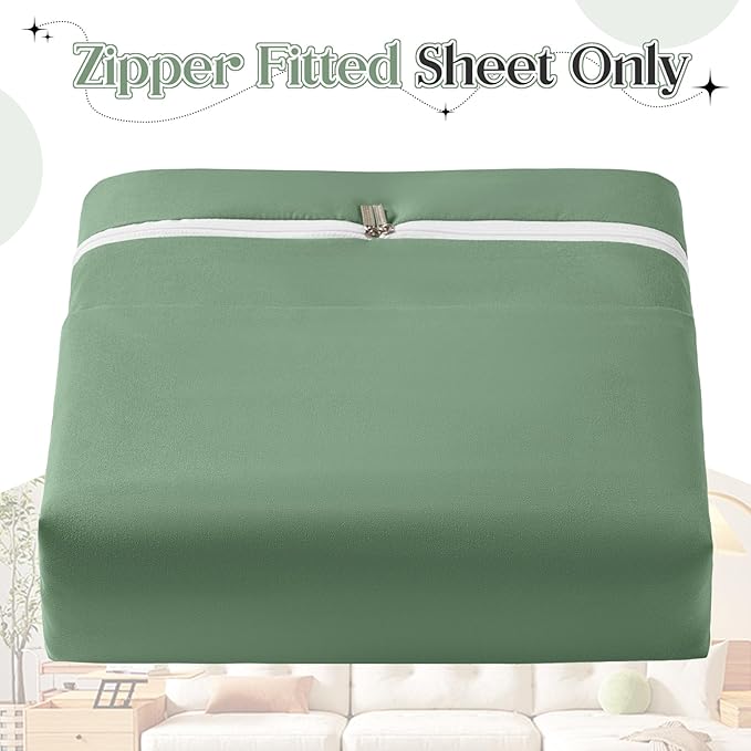 Zipper Fitted Sheet Sage 100% Egyptian Cotton 1Pc