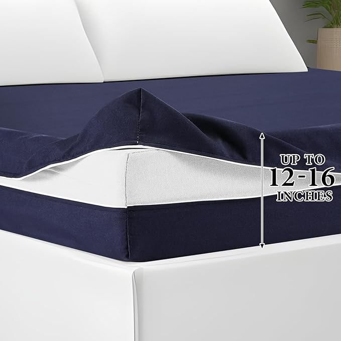 Zipper Fitted Sheet Navy Blue 100% Egyptian Cotton 1Pc