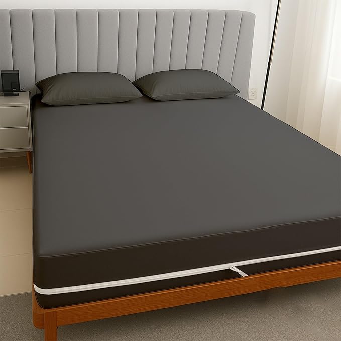 Zipper Fitted Sheet Dark Grey 100% Egyptian Cotton 1Pc