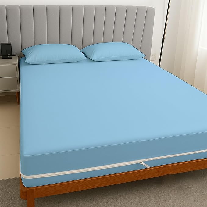 Zipper Fitted Sheet Sky Bule 100% Egyptian Cotton 1Pc