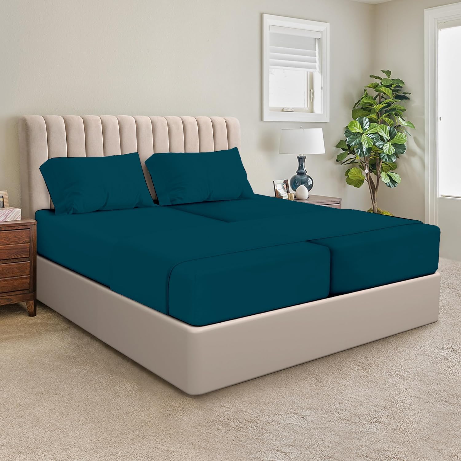 Teal Solid Egyptian Cotton 1000TC Split King Sheet Set – 5 Piece Deep Pocket Bedding