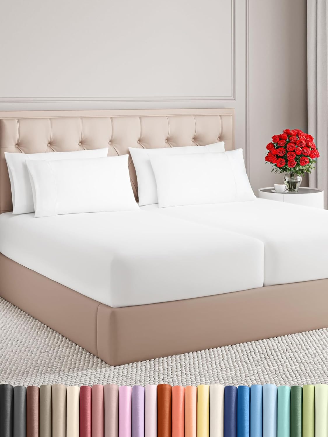 White Solid Egyptian Cotton 1000TC Split King Sheet Set – 5 Piece Deep Pocket Bedding