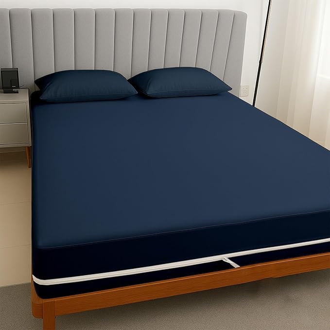 Zipper Fitted Sheet Navy Blue 100% Egyptian Cotton 1Pc