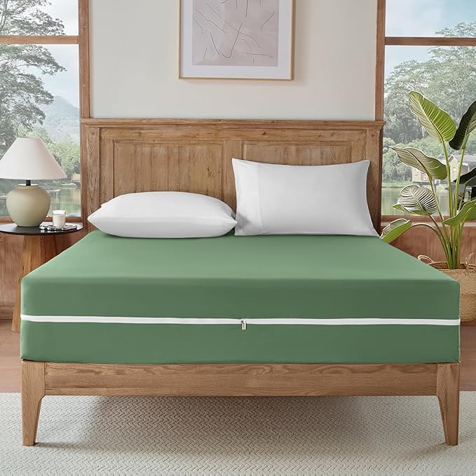 Zipper Fitted Sheet Sage 100% Egyptian Cotton 1Pc