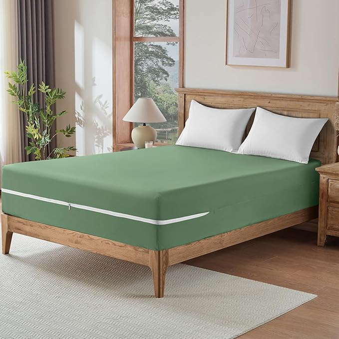 Zipper Fitted Sheet Sage 100% Egyptian Cotton 1Pc