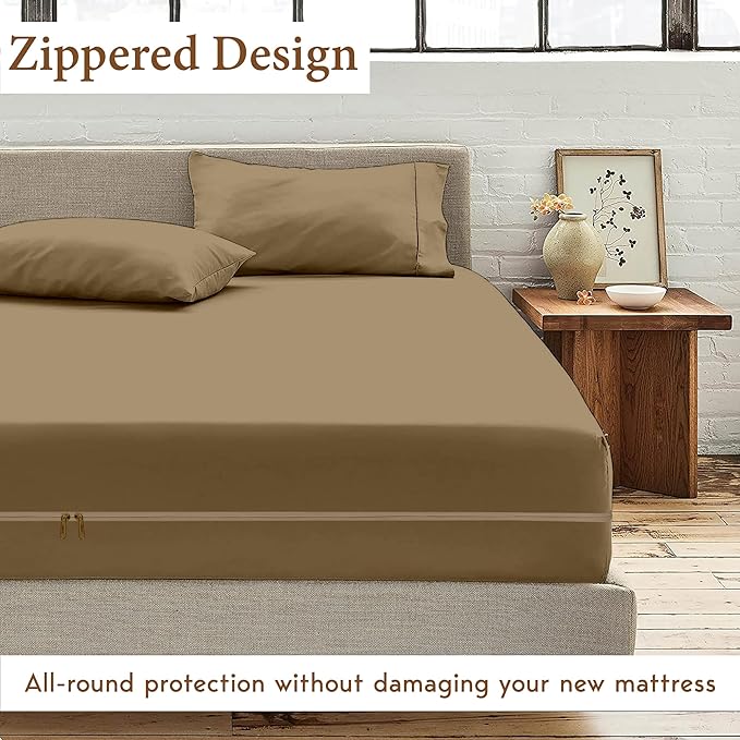 Zipper Fitted Sheet Taupe 100% Egyptian Cotton 1Pc