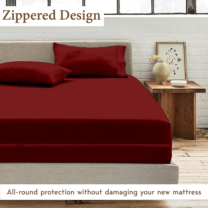 Zipper Fitted Sheet Burgundy 100% Egyptian Cotton 1Pc