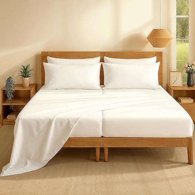 White Solid Egyptian Cotton 1000TC Split King Sheet Set – 5 Piece Deep Pocket Bedding
