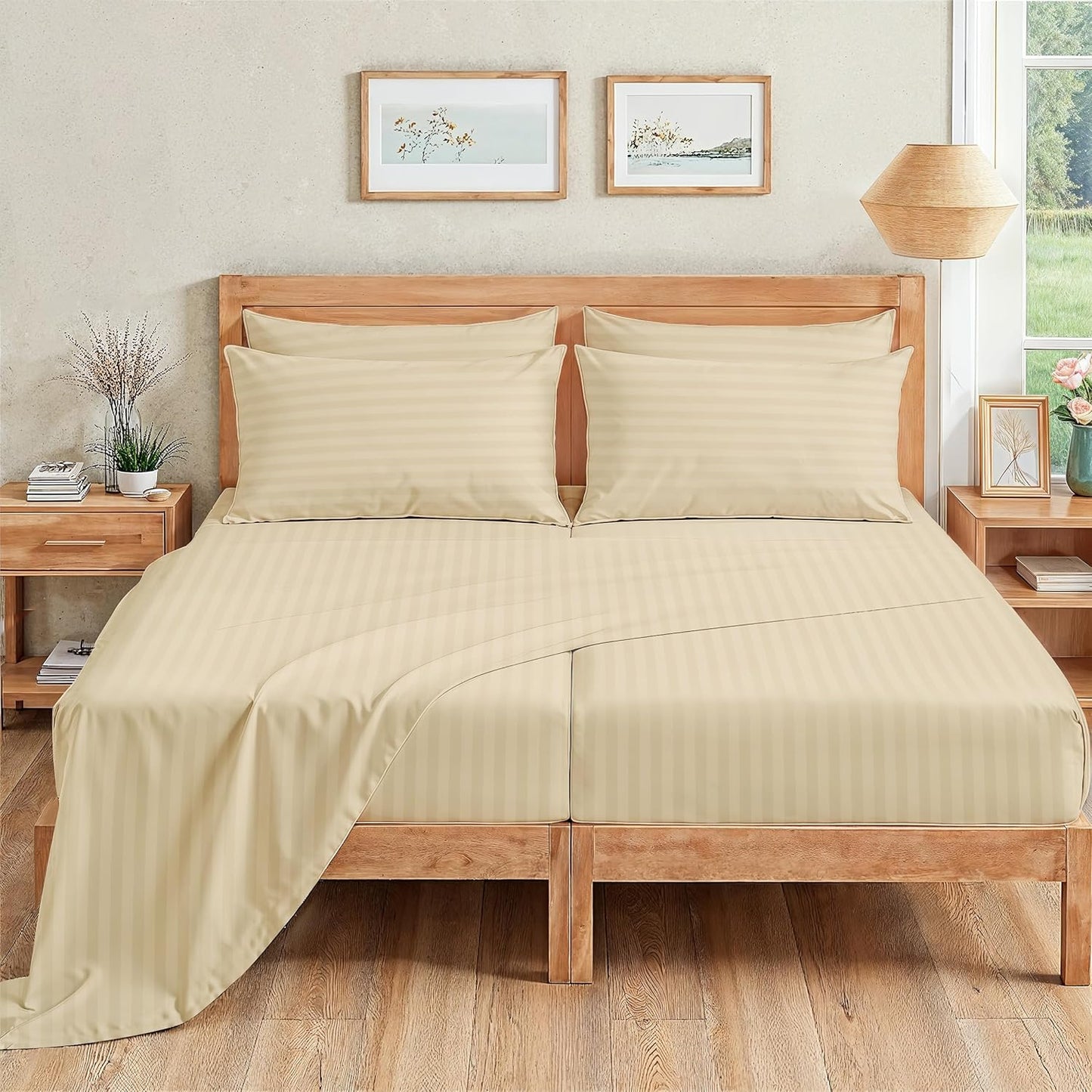 1000TC Egyptian Cotton Split King Sheets 5-Piece Set – Ivory Stripe